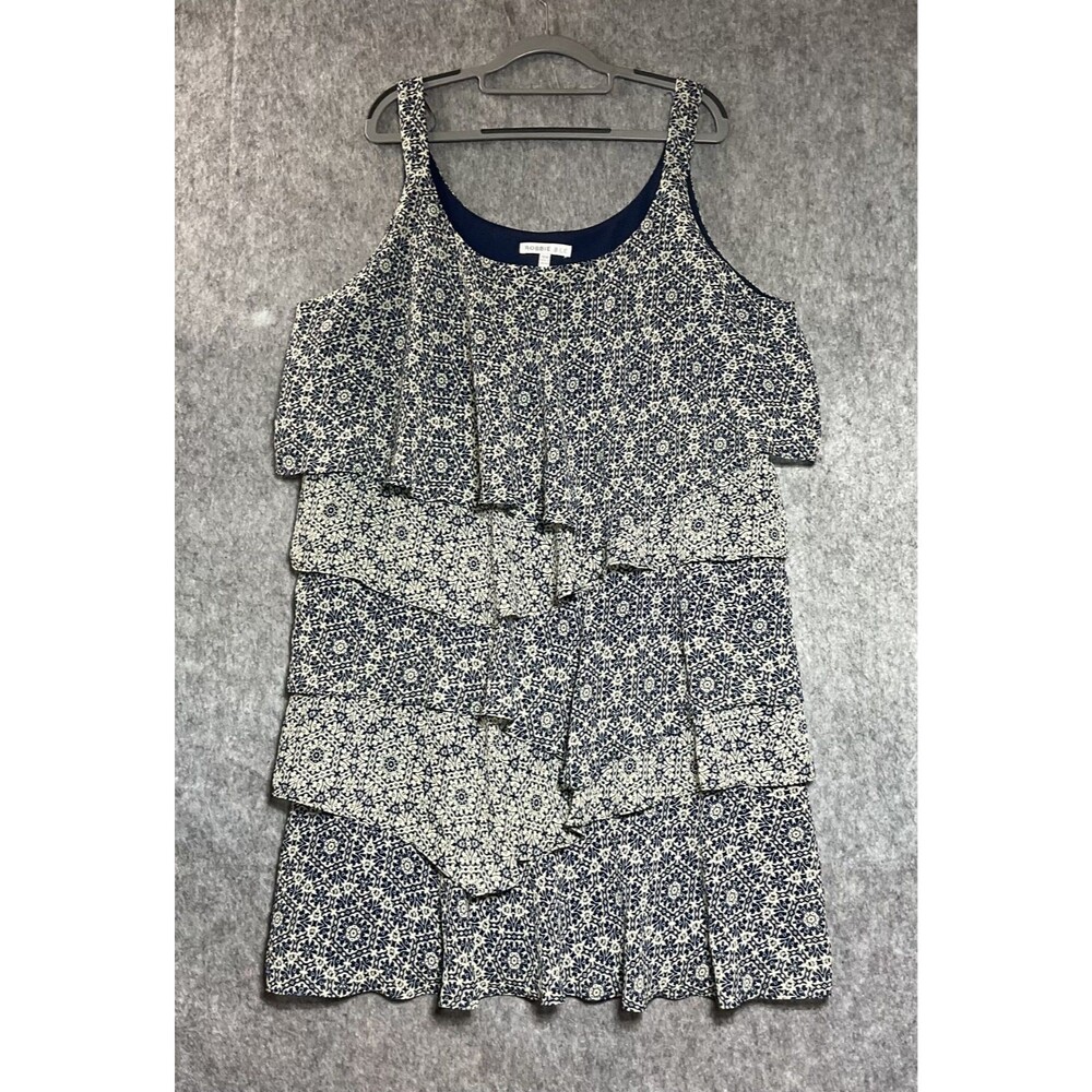 Robbie Bee Dress Womens 18W Blue Geometric Tiered Ruffle Boho Sundress Casual